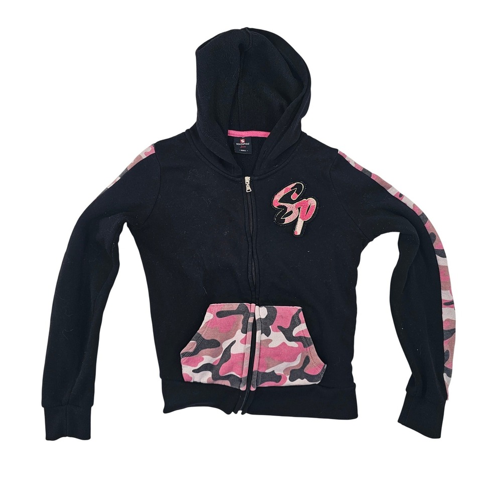 Southpole Junior Full Zip Hoodie Black Pink‎ Camo SP Logo Glitter Small